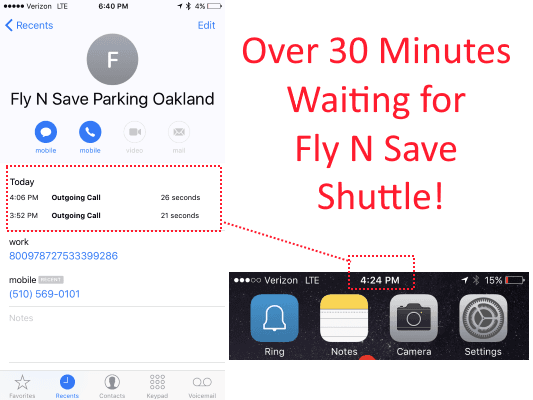 Oakland Fly N Save - 30 minute + wait for pick-up shuttle on a major travel day (Presidents Day 2017).  Others waited 40 minutes+!