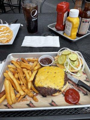 Burger and seasoned fries