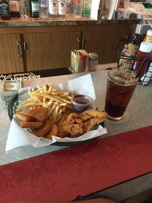 Chicken tender basket w/ fries and Mac & Cheese Bites.