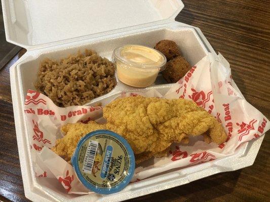 Fried catfish, fried rice (with a side of yum yum sauce), and hush puppies