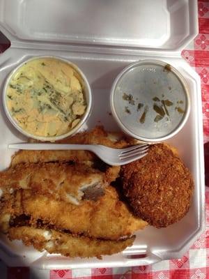 Crab cake fries fish potato salad and string beans!!!  ITS ABOUT TO GO DOWN!!