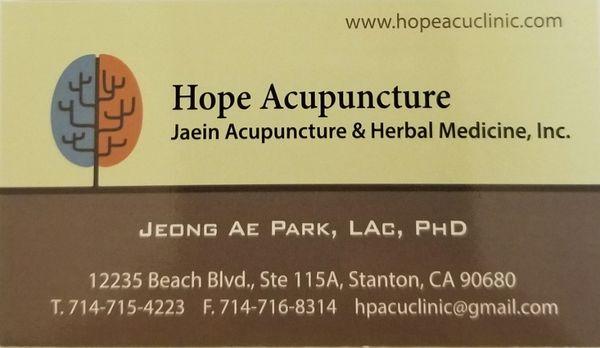 Jeong Ae Park - Hope Acupuncture  Business Card