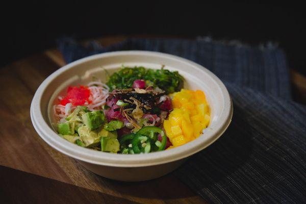 Build Your Own! Tuna with jalapeno & ponzu sauce, avocado, mango, masago, kani, seaweed salad, top w/ red & green onion, nori, fried shallot