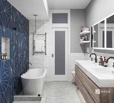 Palo Alto bathroom with modern bathtub and two sinks, featured on TOP LINE HOME REMODELING website.