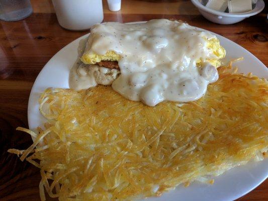 Malin scramble: biscuits sausage eggs gravy.