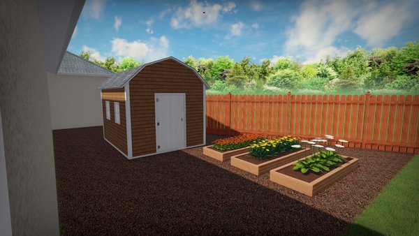 3D shed install, flower bed install, plants and 1in 1/2 rock. Fence build