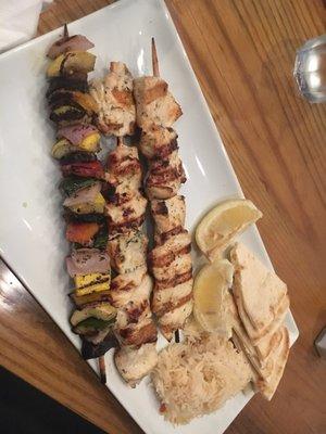 Chicken souvlaki platter w/grilled vegetables, rice & pita. Everything is fresh & delicious