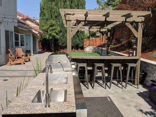 Modular BBQ island + outdoor sink/cooler from Lowe's. Water and electrical stubs by Paver Life.