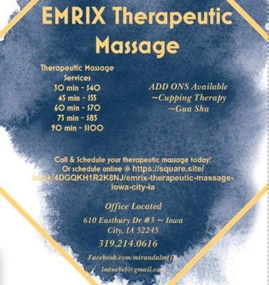 Service available @ EMRIX Therapeutic Massage