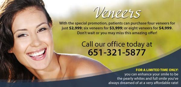 Serafimov Dental is offering a dental veneer special for a limited time, don't delay, call today.