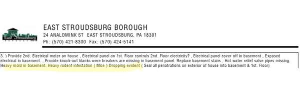 Mold and heavy rodent infestation reported by East Stroudsburg Borough housing inspection report. Village Views has been cited.