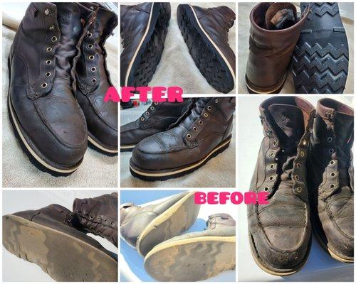 Before and after work boots, Danner Bull Run resole with black goodyear. Awesome job!! Also he reconditioned them. Great prices.