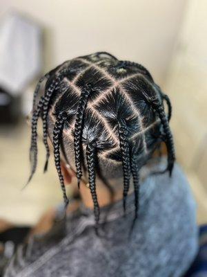 Men half head box braids.