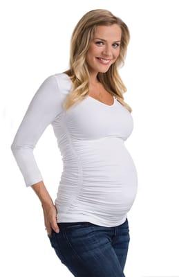 Ruched 3/4 sleeve top. White or black. Flattering for pregnancy and postpartum.