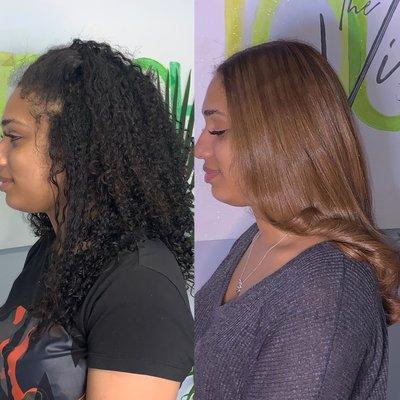 Before and after of corrective color, full head highlights & silk press.