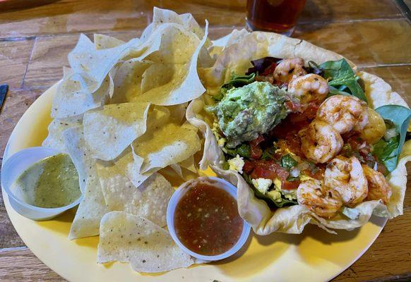 Holy Taco Salad with tortilla chips and salsas