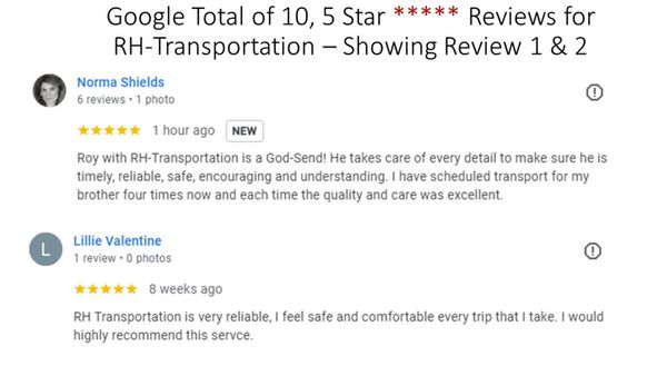 Google 10, 5 Star Reviews, Showing Review 1 & 2