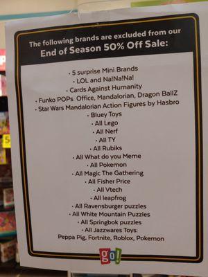 List of things that are full price even though signs everywhere saying "50% off entire store."