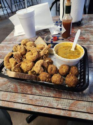 Shrimp and oyster platter with hushpuppies added