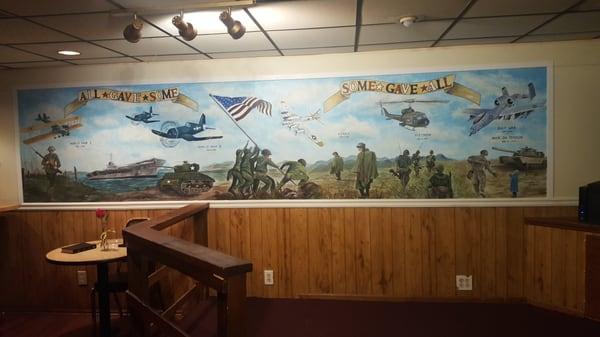 this fabulous mural was recently painted  by our bartender it represents the conflicts in the 20th century   God Bless our Post #268