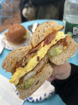 Bacon Hashwich on whole wheat everything bagel