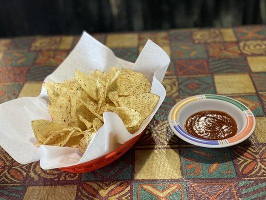 Free chips and a very unique salsa that I personally love mixed with ranch dressing.