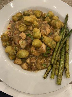 Bayou Grouper with grilled asparagus and jambalaya orzo