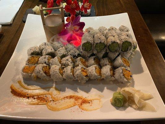 5 Orders of Vegan Sushi on a large plate with a light show and dry ice. Very neat presentation.