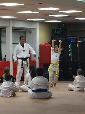 My son jumping of joy when the master gave him 1st place in class.