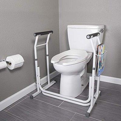 Stand alone adjustable height toilet frame w/ magazine rack.