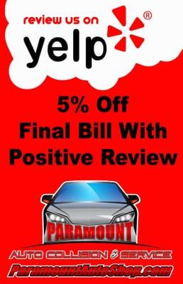 5% OFF FINAL BILL AFTER YOU POST ONLINE REVIEW OF PARAMOUNT