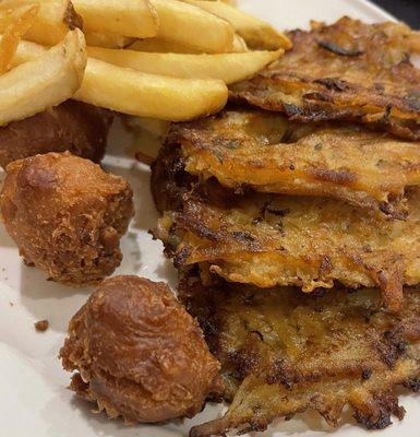 Greasy potato pancakes and hush puppies.