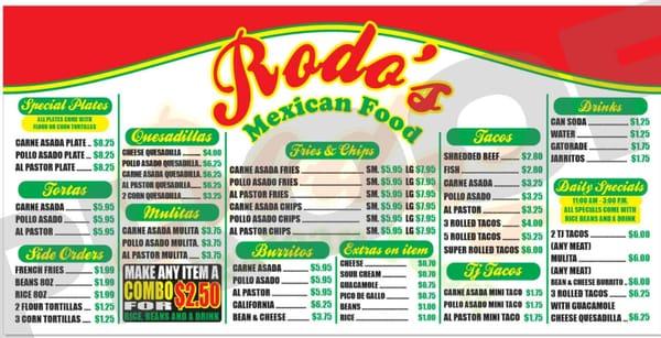 Rodo's Mexican Food Menu