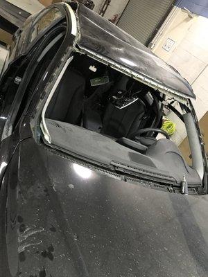 BMW roof skin repair. Customer had a tree limb fall on it. Got it replaced, and ready for paint.