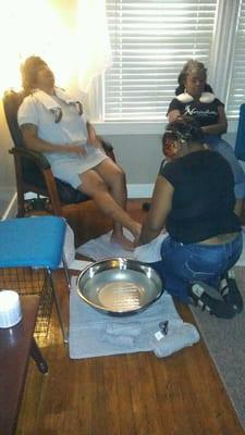 At our Wine and Unwind Wednesday event, this could be you........foot soak/massage for only $10.00 with unlimited Mimosas