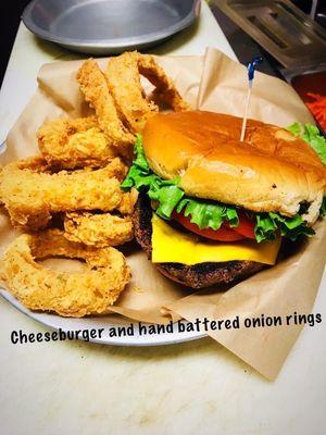 Cheeseburger and hand battered onion rings