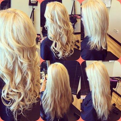 Far right corner is before, and we added tape in extensions and blended with long layers,finishing style off with a some curls and waves.