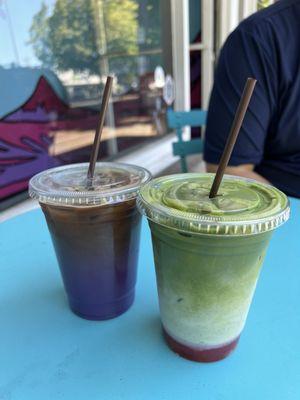 Ube latte and strawberry matcha latte