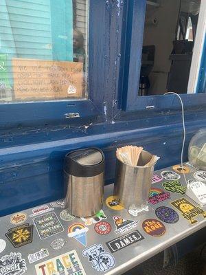 Love the stickers and note in the window about the milk