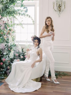 Haley in our Ariana Gown & Elizabeth in our Gigi Jumpsuit at the Garrison Inn. Photo by Megan Holloway.