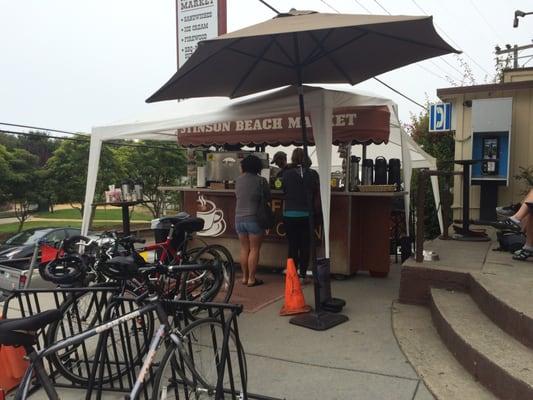 Getting coffee at Stinson Beach.