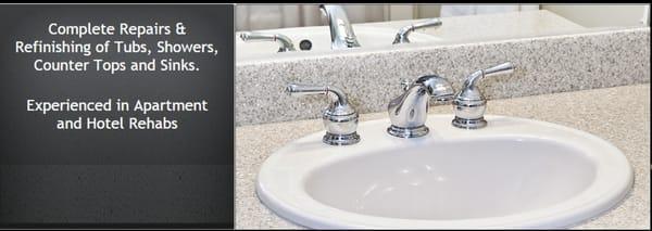 We repair and refinish Vanaties,  sinks , tubs, and more . www.Classictubrepairs.com