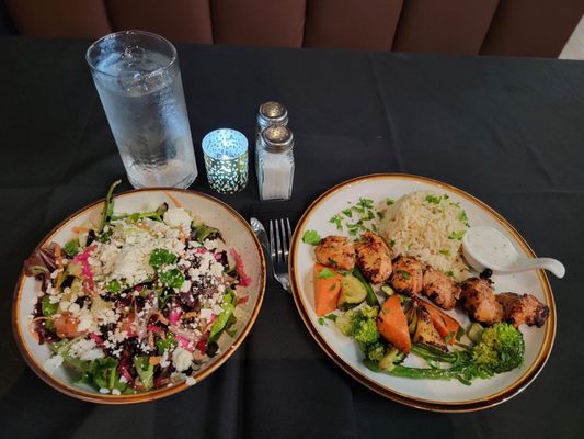 Greek Salad and Chicken Shish Kabab plate