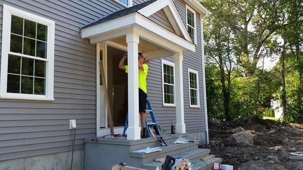 New front entrance roof with Azek wrapped columns. Foxborough Ma