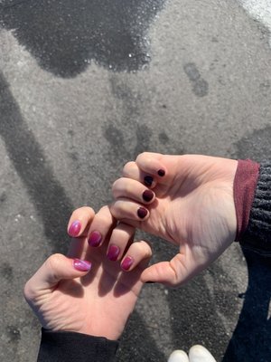 Gel manicure. Nails on the left is with their magnetic cat eye gel polish