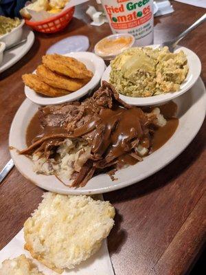 Pot roast with fried green tomatoes and broccoli casserole