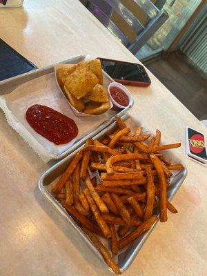 Sweet potato fries and fried ravioli