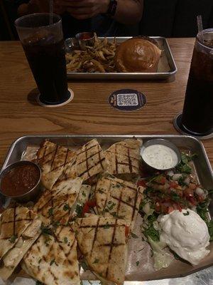 Chicken fajita quesadilla, and hamburger with fries