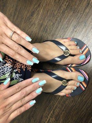 Bahama Mama Wedding Anniversary Gel pedicure and powder dip custom Turquoise and white French style manicure on natural nails.