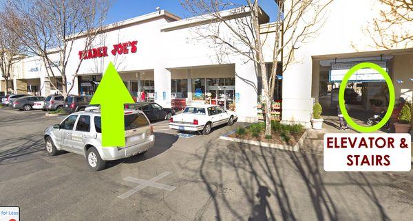 To get to our office, park near the Trader Joe's entrance. Take the stairs or elevator to the right of Trader Joe's up to the second floor.